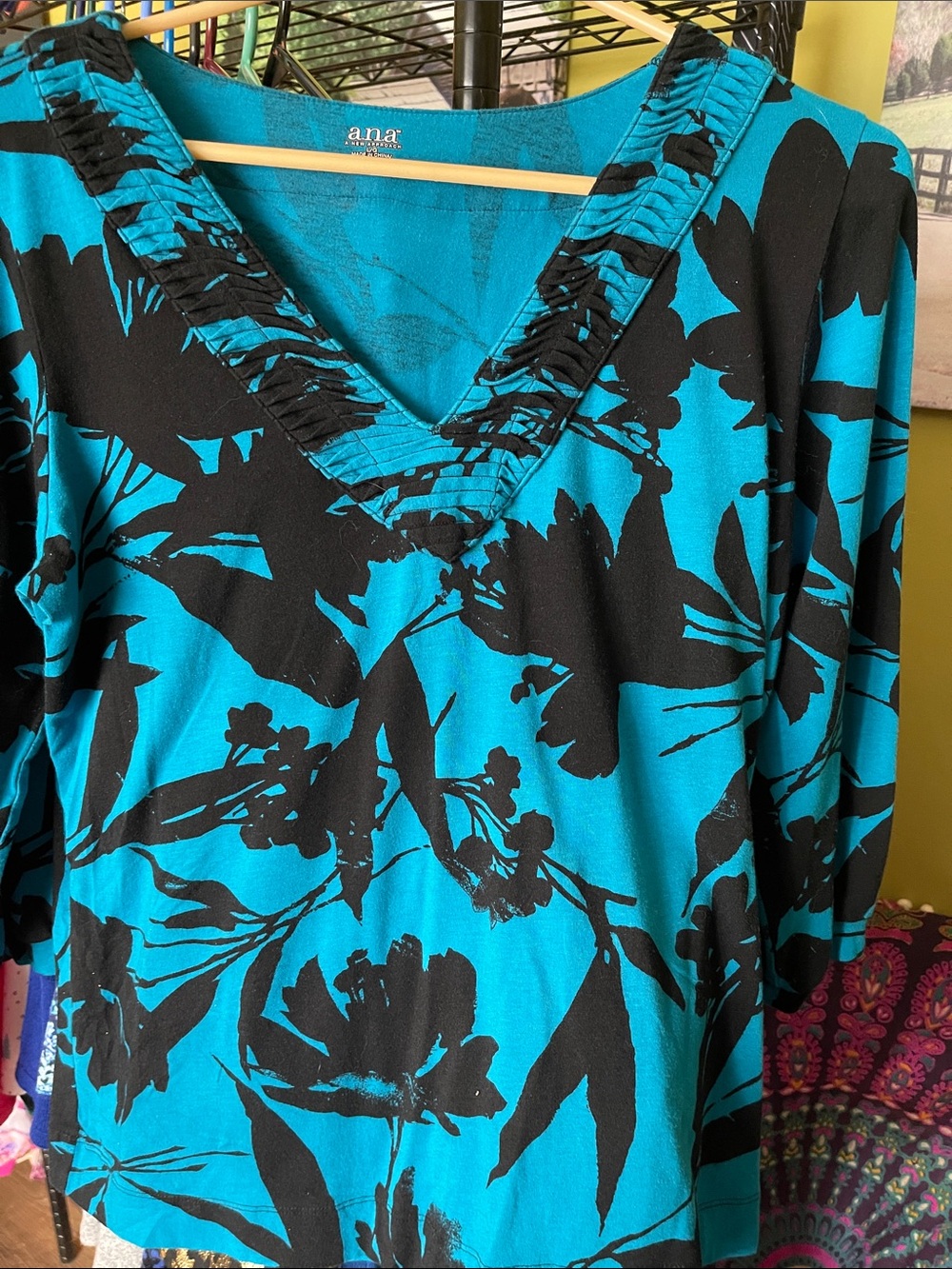a.n.a Teal Floral V-Neck Blouse with Black Print